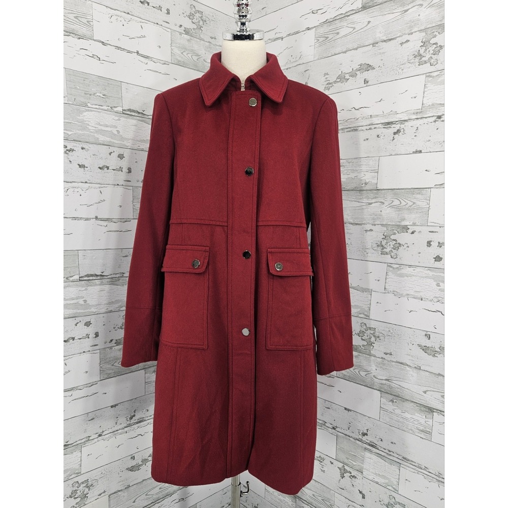 Vintage Talbots Womens 14 Wool Blend Red Coat Zip and Snap Closure Patch Pockets